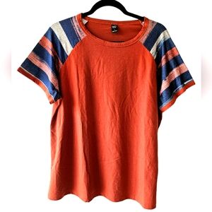 Emery Rose Rust Orange Tee Shirt Top Striped Silky Short Sleeves Size Large